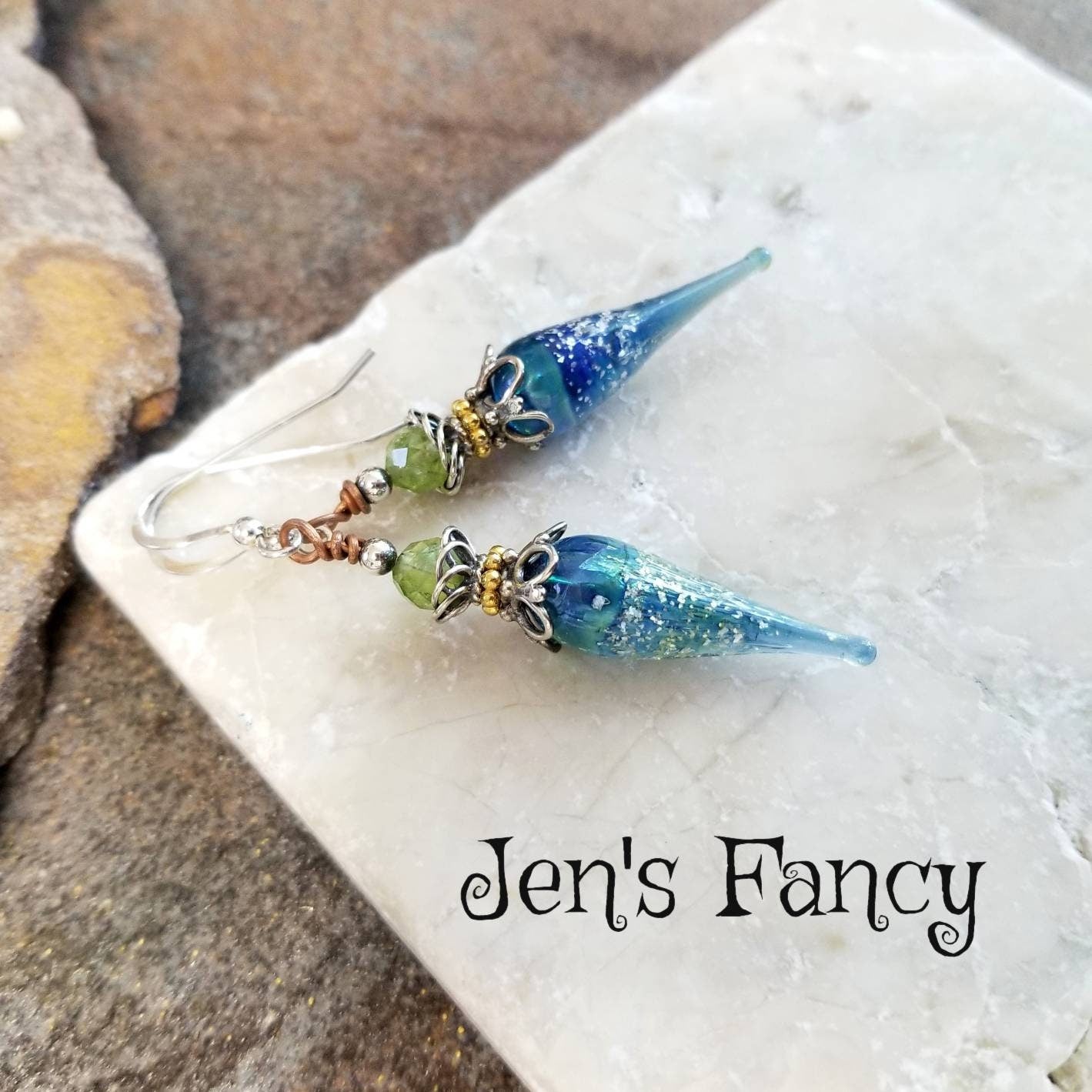 Ocean Blue Earrings Art Glass Teardrops with Peridot Gemstone Sterling –  Jen\'s Fancy