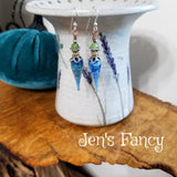Ocean Blue Earrings Art Glass Teardrops with Peridot Gemstone Sterling Silver & Vermeil
