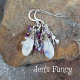 Moonstone Gemstone Cluster Earrings Sterling Silver Wire Wrapped