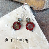 Red Czech Flower Earrings Sterling Silver & Brass Floral Jewelry