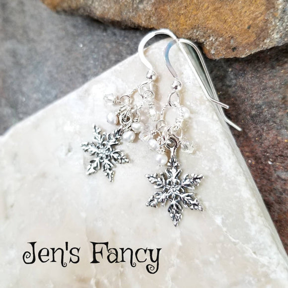 Snowflake Earrings Sterling Silver, Winter Earrings Jewelry
