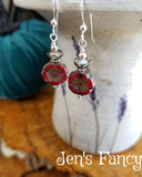 Red Czech Flower Earrings Sterling Silver & Brass Floral Jewelry