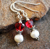 Red Heart Pearl Earrings Sterling Silver Valentine's Day Jewelry