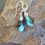 Labradorite Gemstone Earrings with Moonstone Sterling Silver Wire Wrapped