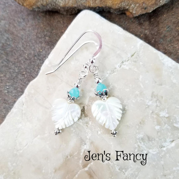 Mother of Pearl Leaf Earrings with Amazonite Sterling Silver