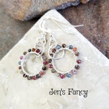 Gemstone Hoop Earrings Sterling Silver Wire Wrapped with Ruby, Sapphire & Spinel