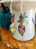 Yellow Floral Enameled Earrings Sterling Silver with Natural Turquoise & Garnet