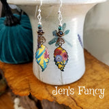 Yellow Floral Enameled Earrings Sterling Silver with Natural Turquoise & Garnet